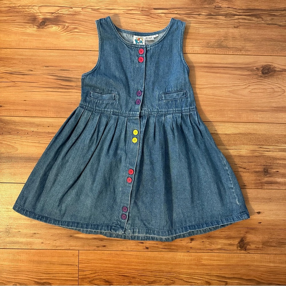 Vintage Kids 100% Cotton Sleeveless Denim Dress with Colorful Buttons Size 6